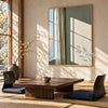 Sunlit Green Wall and Sheer Curtain Painting shown in a seating area.