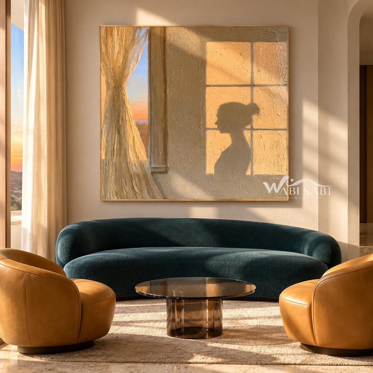 Sunset Window and Profile Shadow Painting shown in a living room with a sofa.