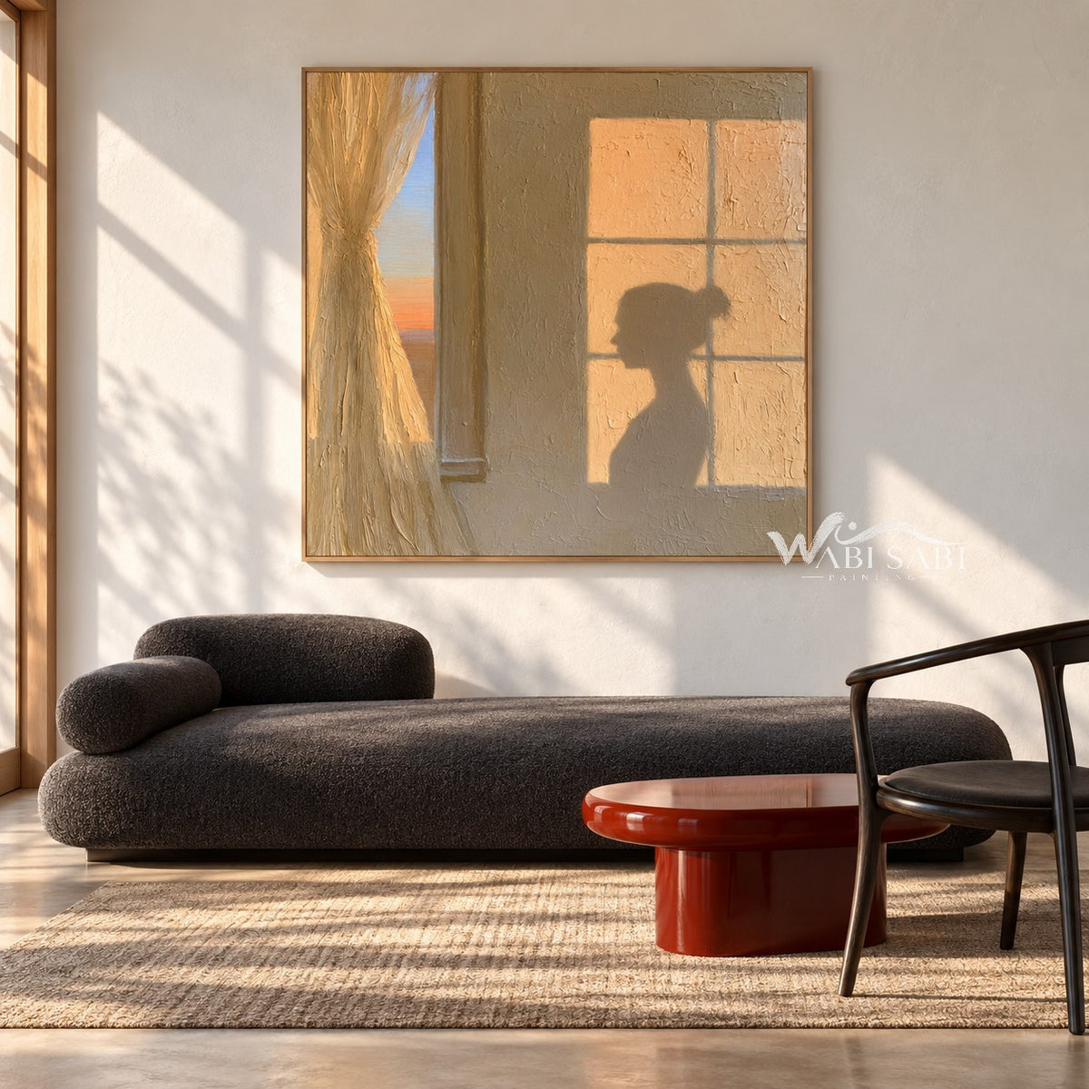 Sunset Window and Profile Shadow Painting shown above a bench.