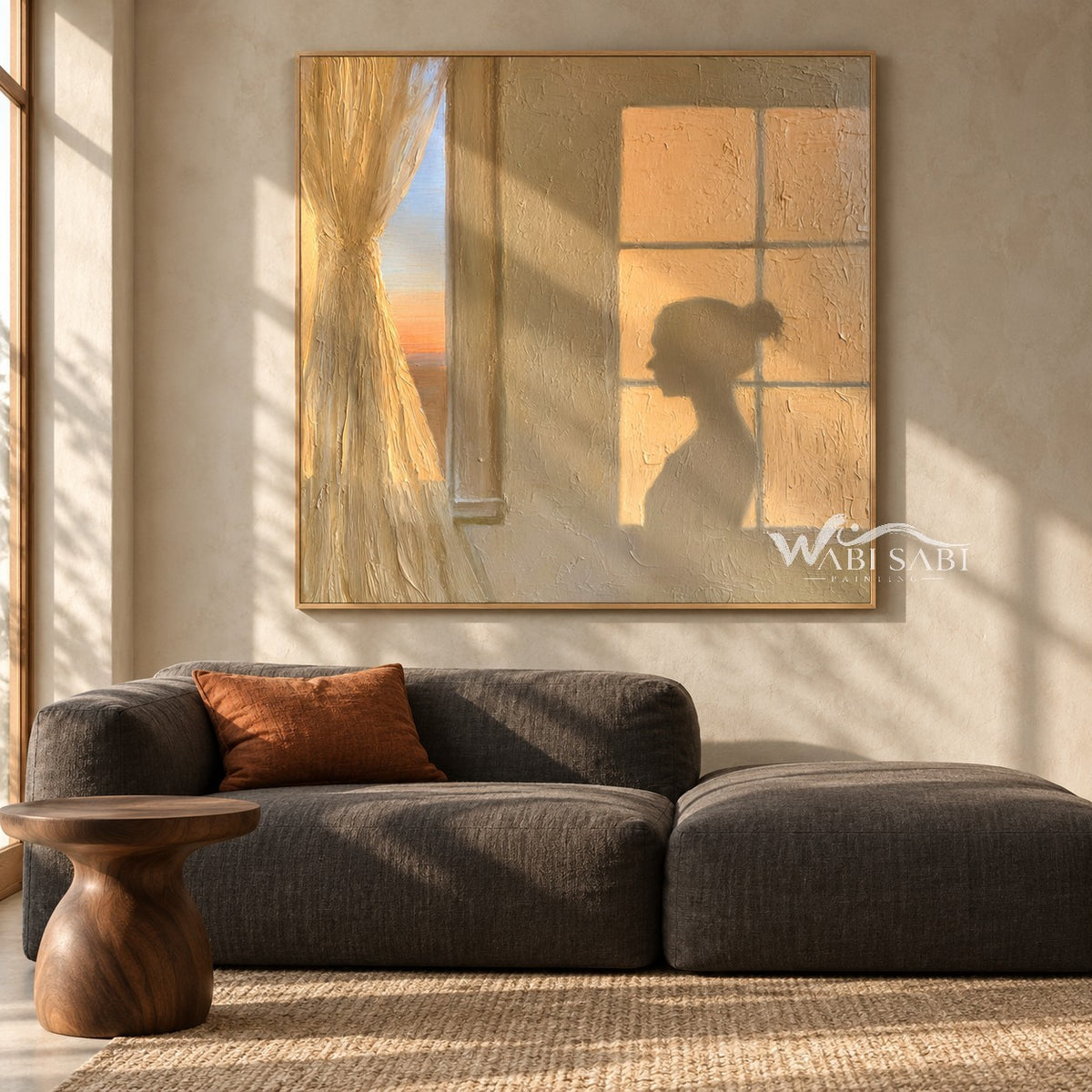 Sunset Window and Profile Shadow Painting shown in a living room with a sofa.