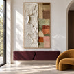 Tall Ivory and Earth Tone Block Painting shown above a console.