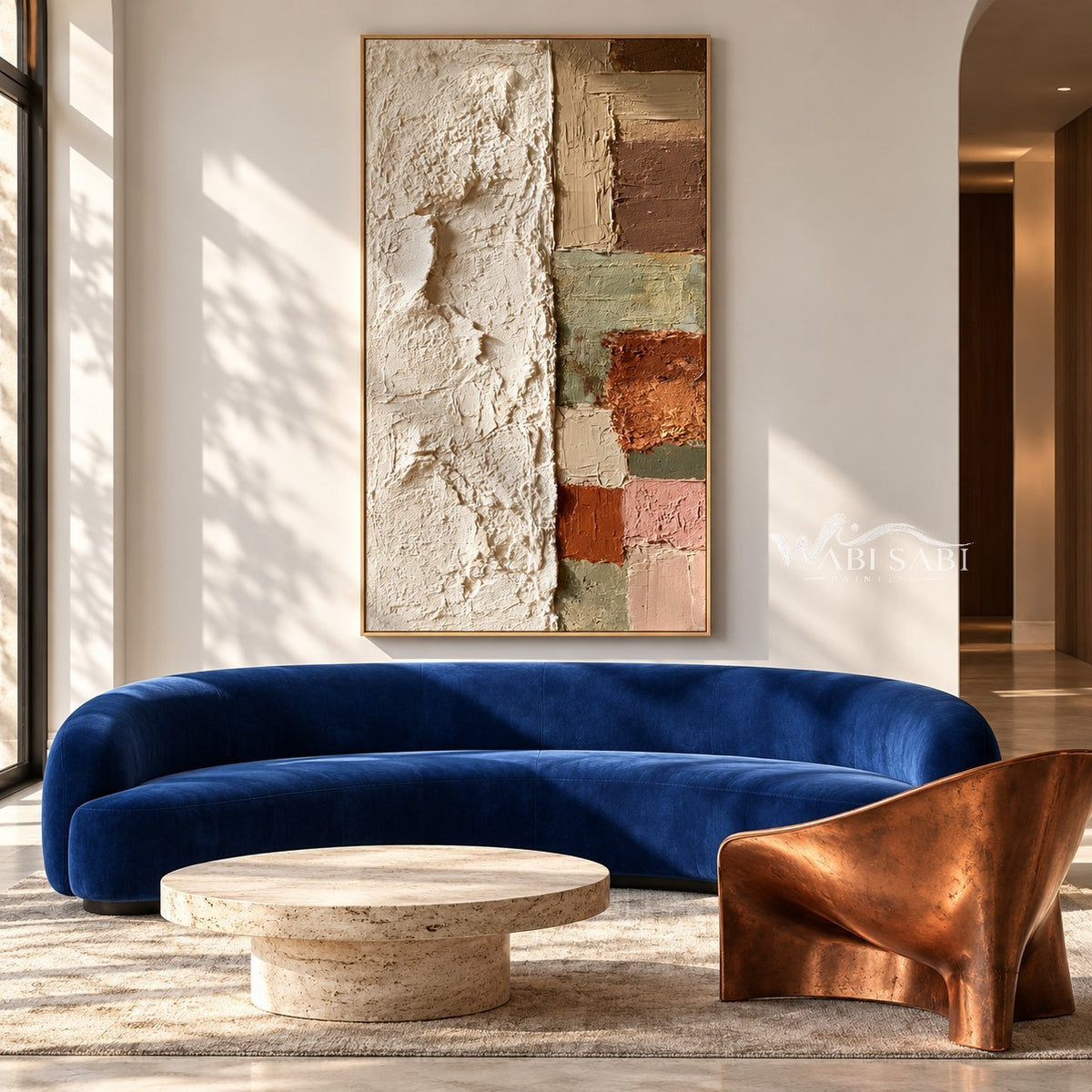 Tall Ivory and Earth Tone Block Painting shown in a living room with a sofa.