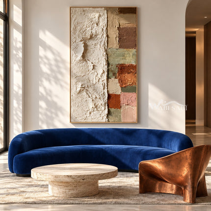 Tall Ivory and Earth Tone Block Painting shown in a living room with a sofa.