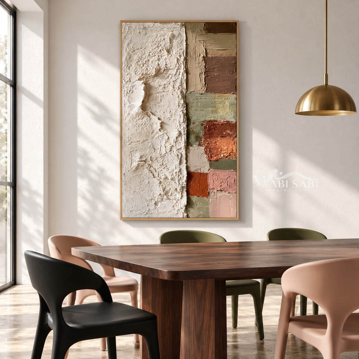 Tall Ivory and Earth Tone Block Painting shown in a dining area.