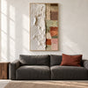 Tall Ivory and Earth Tone Block Painting shown in a living room with a sofa.