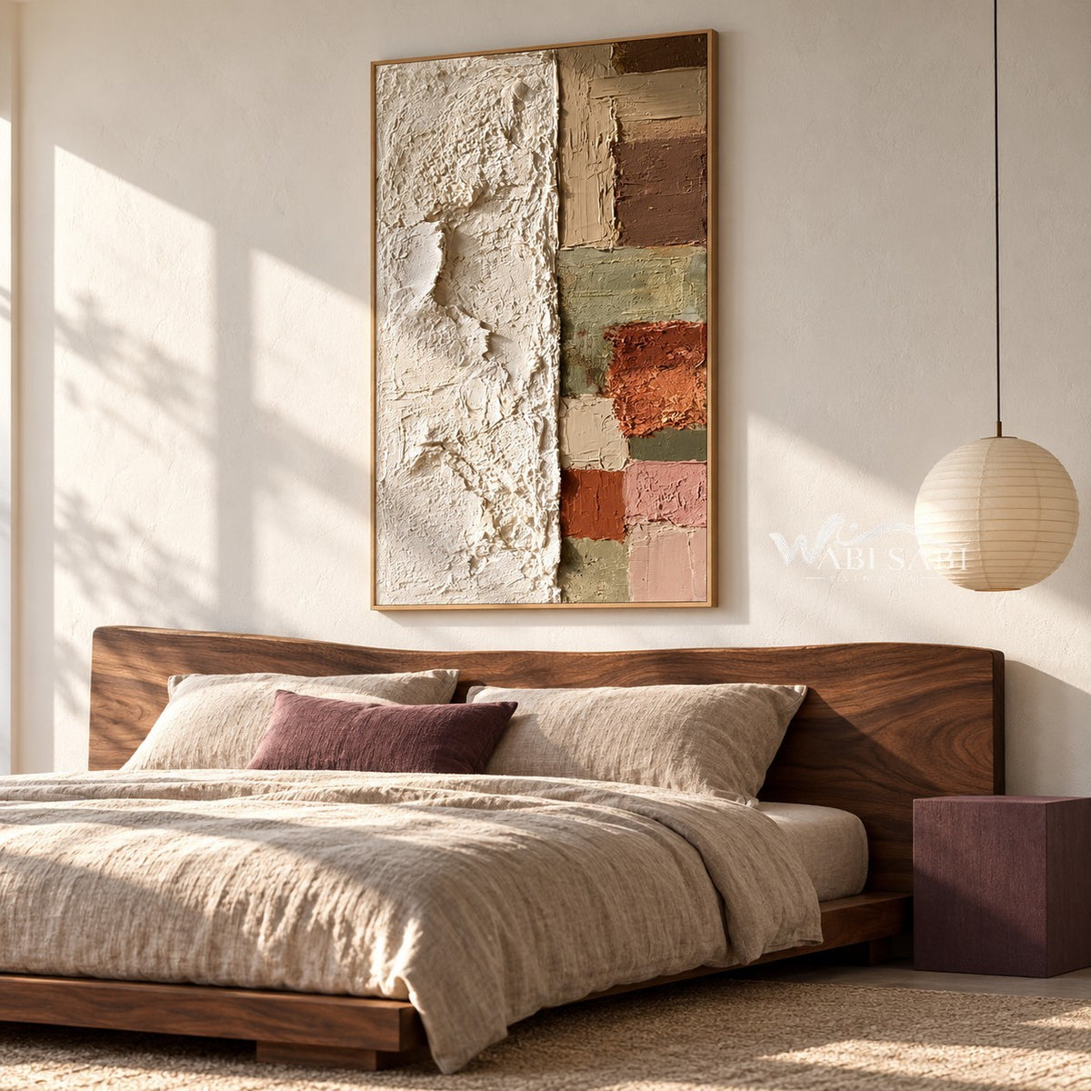 Tall Ivory and Earth Tone Block Painting shown in a bedroom.