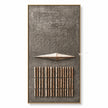 Narrow diamond above a bar grid in taupe, cream, brown. Tall taupe composition.
