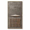 Narrow diamond above a bar grid in taupe, cream, brown. Tall taupe composition.