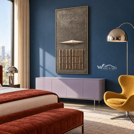 Taupe Diamond and Bar Grid Wall Art shown above a bed beside a yellow chair.