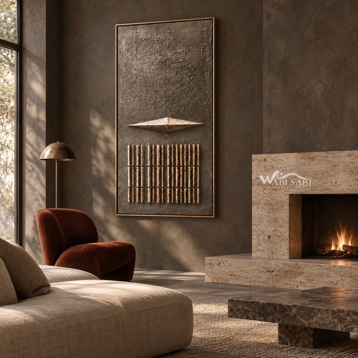 Taupe Diamond and Bar Grid Wall Art shown above a sofa beside a fireplace.