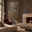 Taupe Diamond and Bar Grid Wall Art shown above a sofa beside a fireplace.