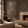 Taupe Diamond and Bar Grid Wall Art shown above a sofa beside a fireplace.