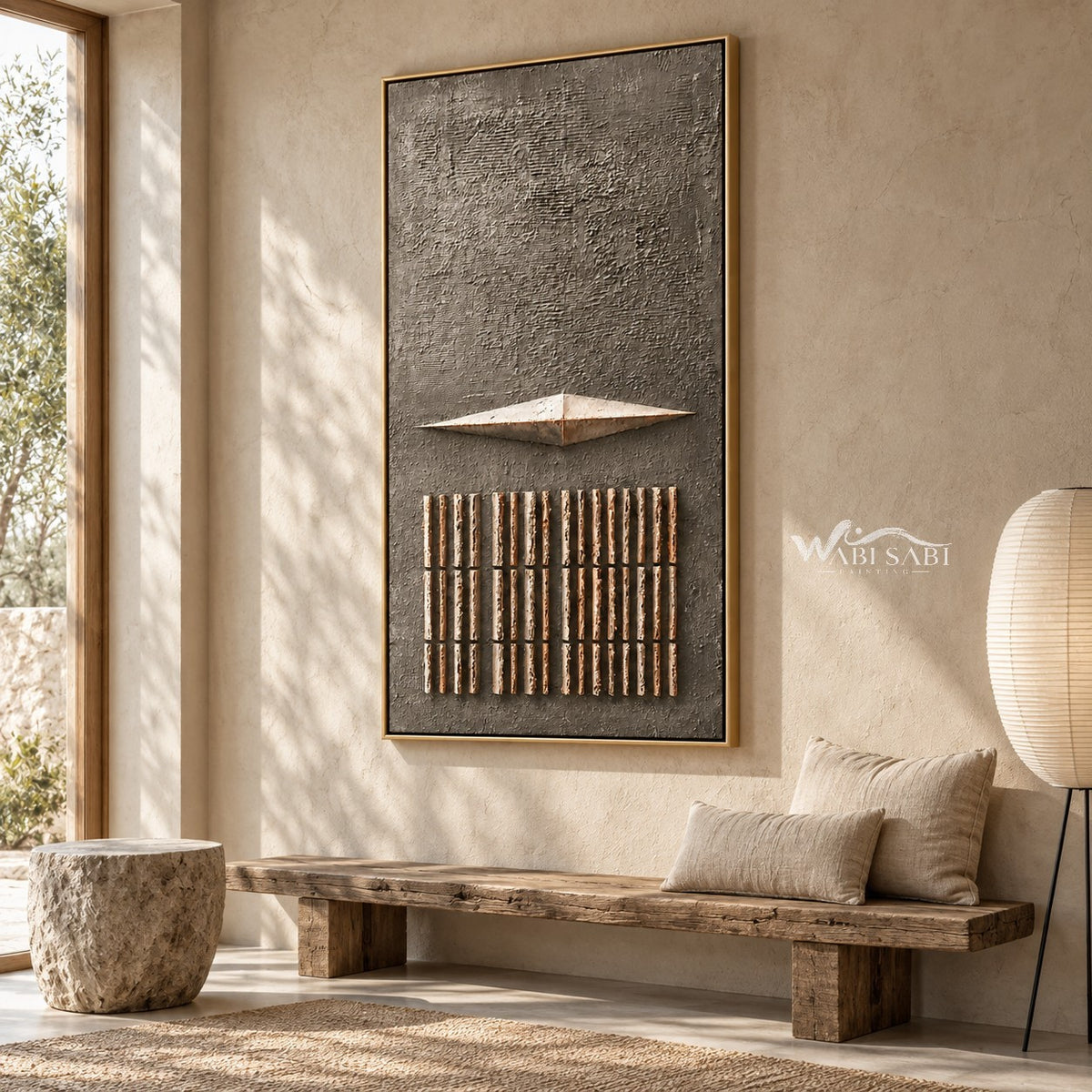 Taupe Diamond and Bar Grid Wall Art shown above a long pale bench.