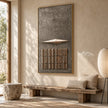 Taupe Diamond and Bar Grid Wall Art shown above a long pale bench.