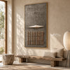 Taupe Diamond and Bar Grid Wall Art shown above a long pale bench.