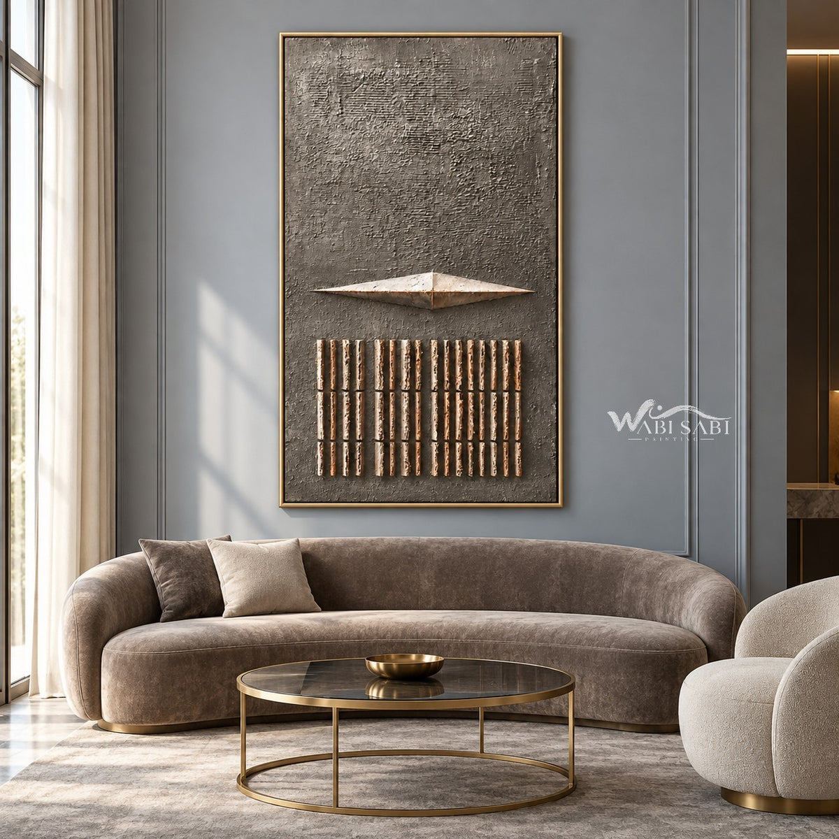 Taupe Diamond and Bar Grid Wall Art shown above a curved pale sofa.