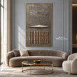 Taupe Diamond and Bar Grid Wall Art shown above a curved pale sofa.