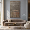 Taupe Diamond and Bar Grid Wall Art shown above a curved pale sofa.