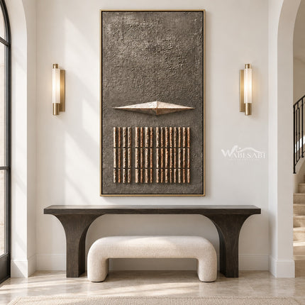 Taupe Diamond and Bar Grid Wall Art shown above a console and pale bench.