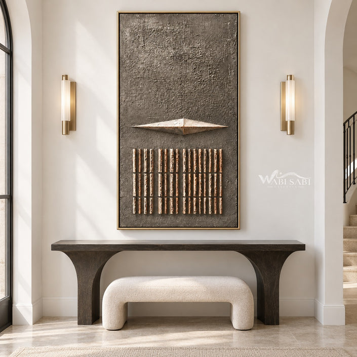 Taupe Diamond and Bar Grid Wall Art shown above a console and pale bench.