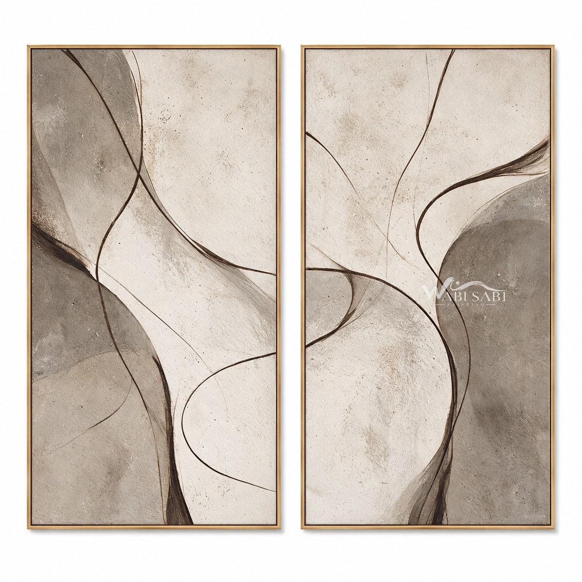 Two tall panels in taupe, gray, cream. Fine crossing curves.