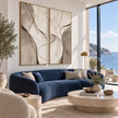 Taupe Fine Curve Diptych Wall Art shown above a blue sofa.