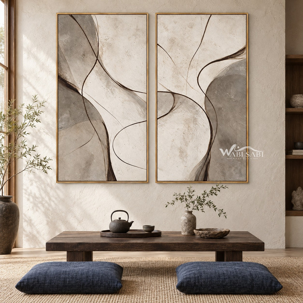 Taupe Fine Curve Diptych Wall Art shown above a low tea table.