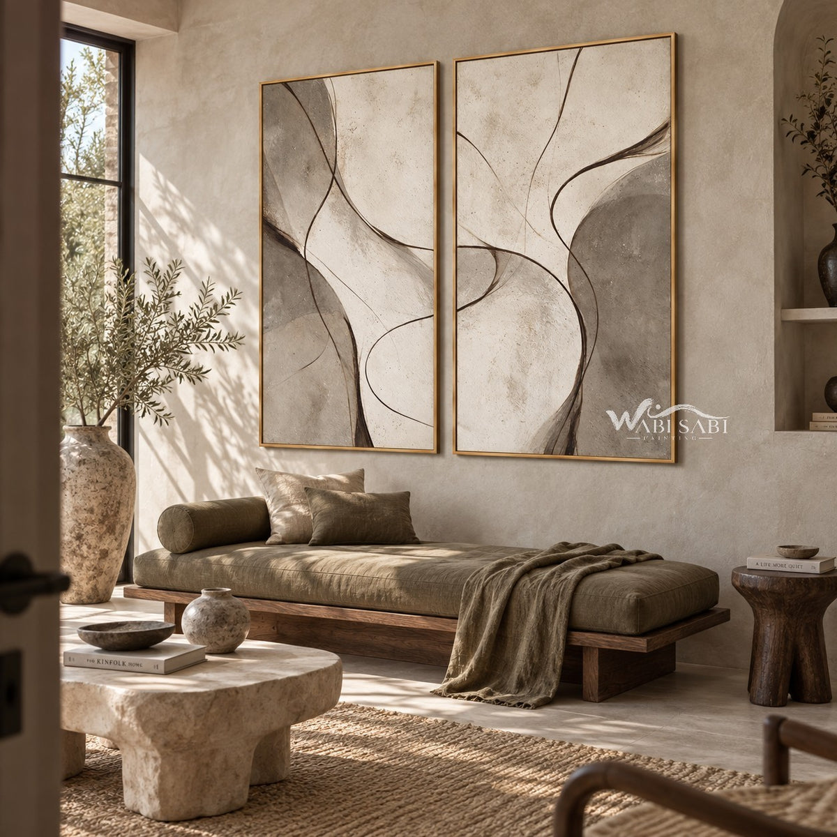 Taupe Fine Curve Diptych Wall Art shown above a low sofa.