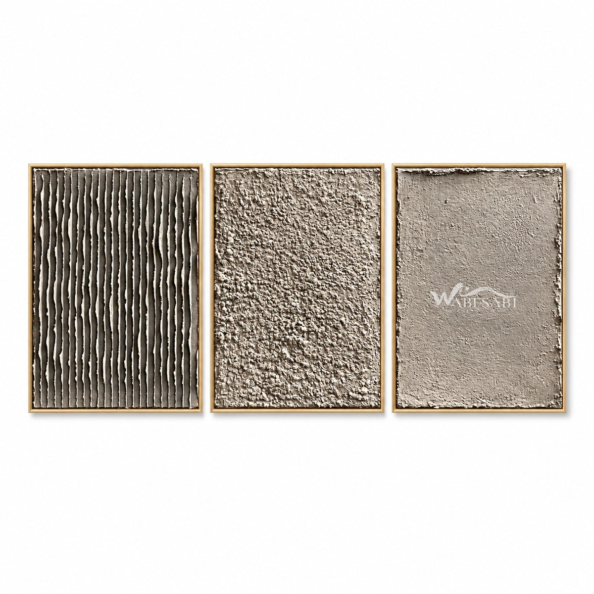 Three contrasting panels in taupe, gray. Vertical ridges and irregular marks.