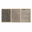 Three contrasting panels in taupe, gray. Vertical ridges and irregular marks.