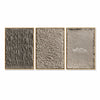 Three contrasting panels in taupe, gray. Vertical ridges and irregular marks.