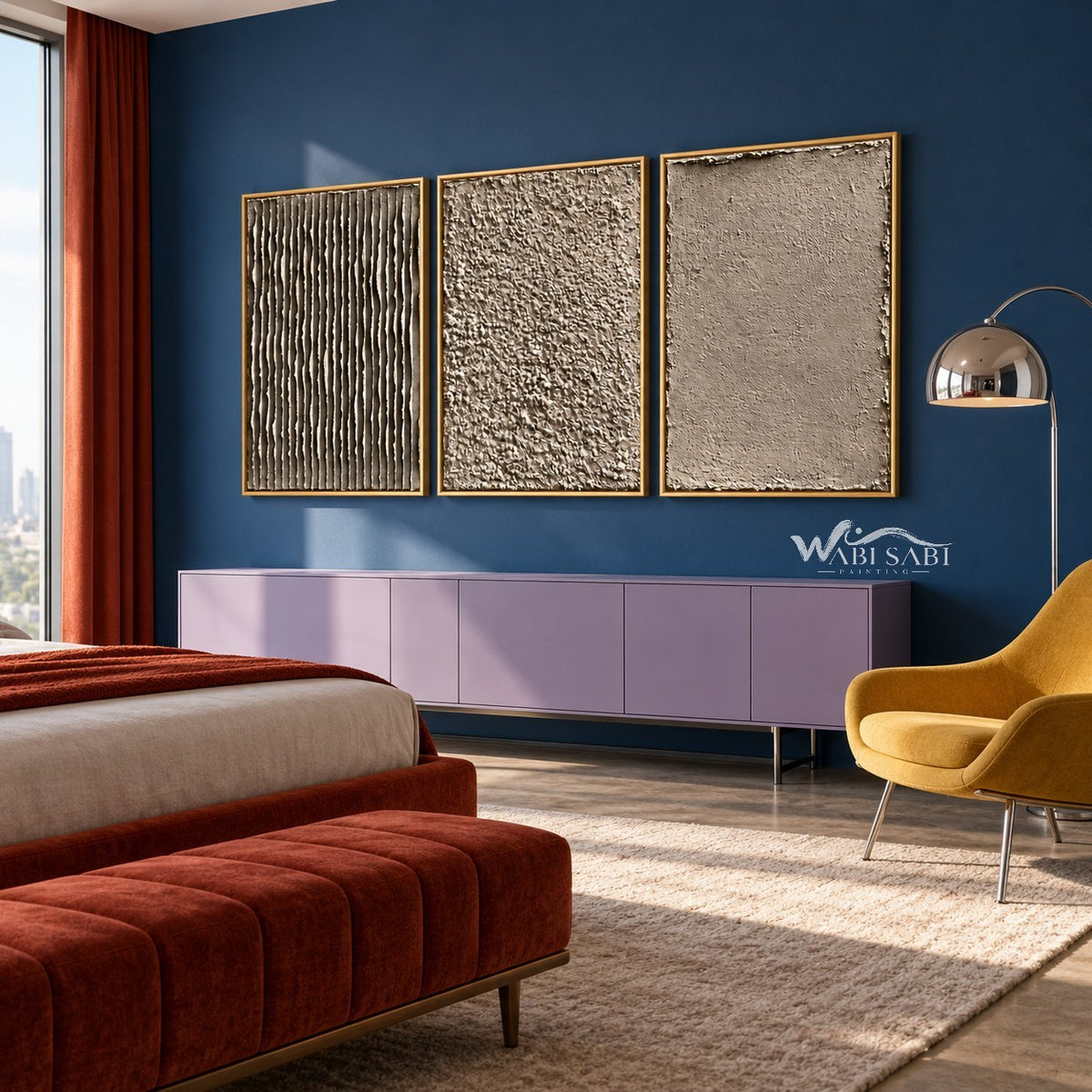 Taupe Texture Study Triptych Wall Art shown above a bed beside a yellow chair.