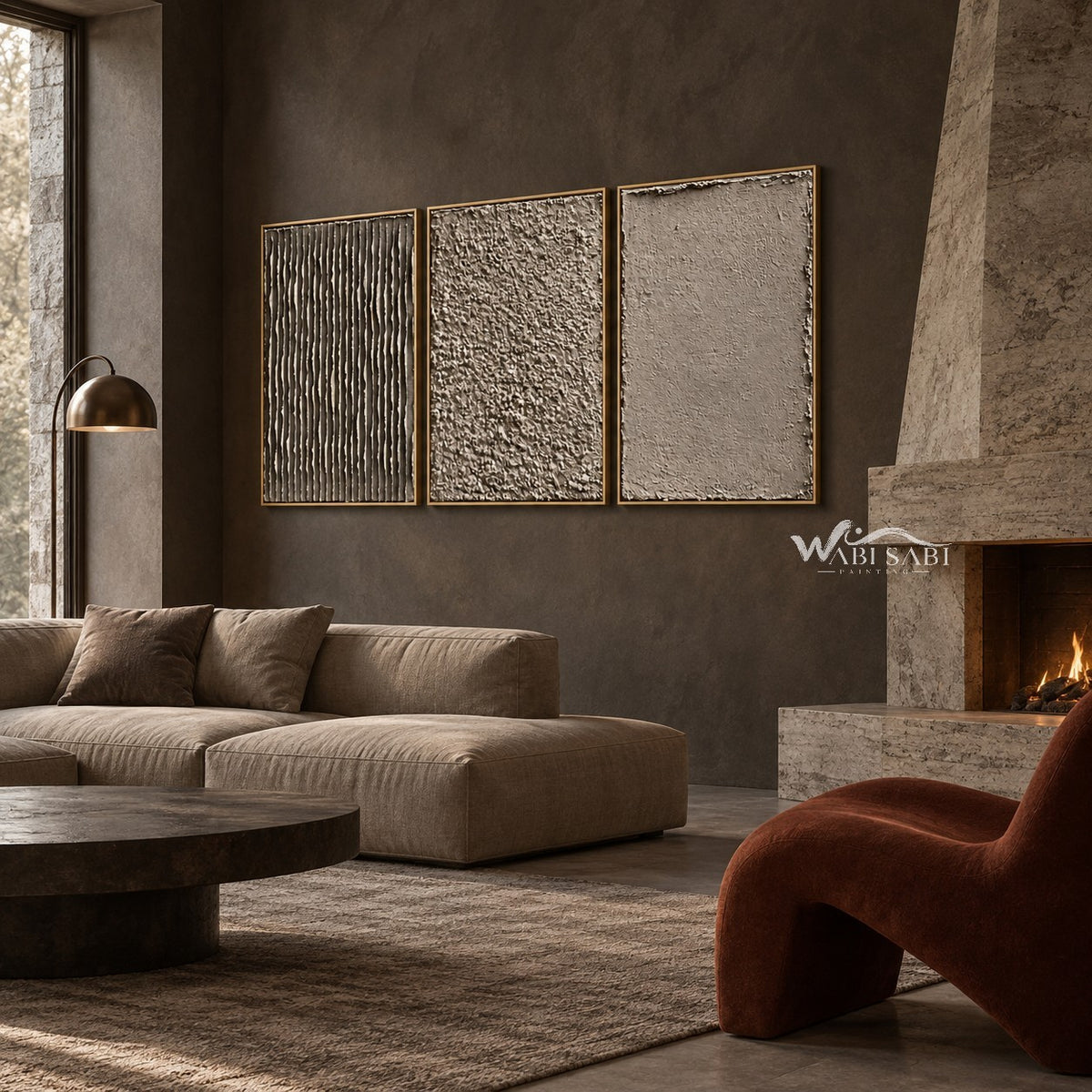 Taupe Texture Study Triptych Wall Art shown above a sofa beside a fireplace.
