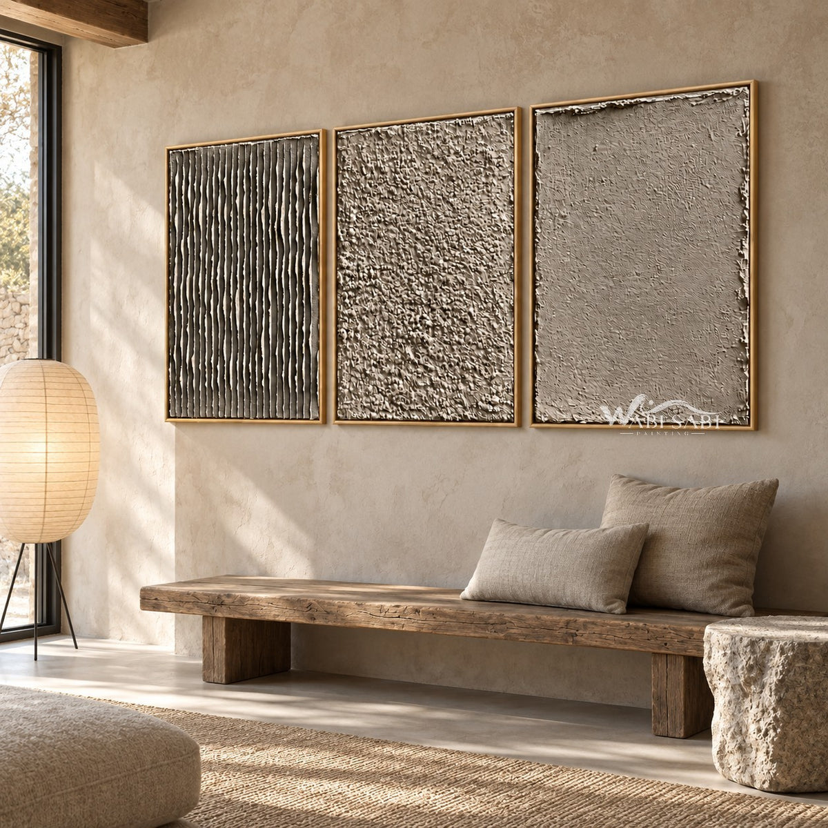 Taupe Texture Study Triptych Wall Art shown above a long pale bench.