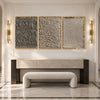 Taupe Texture Study Triptych Wall Art shown above a fireplace and pale bench.