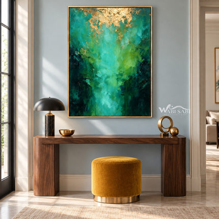 Teal Abstract Wall Art with Gold Color Accents shown above a wood console.