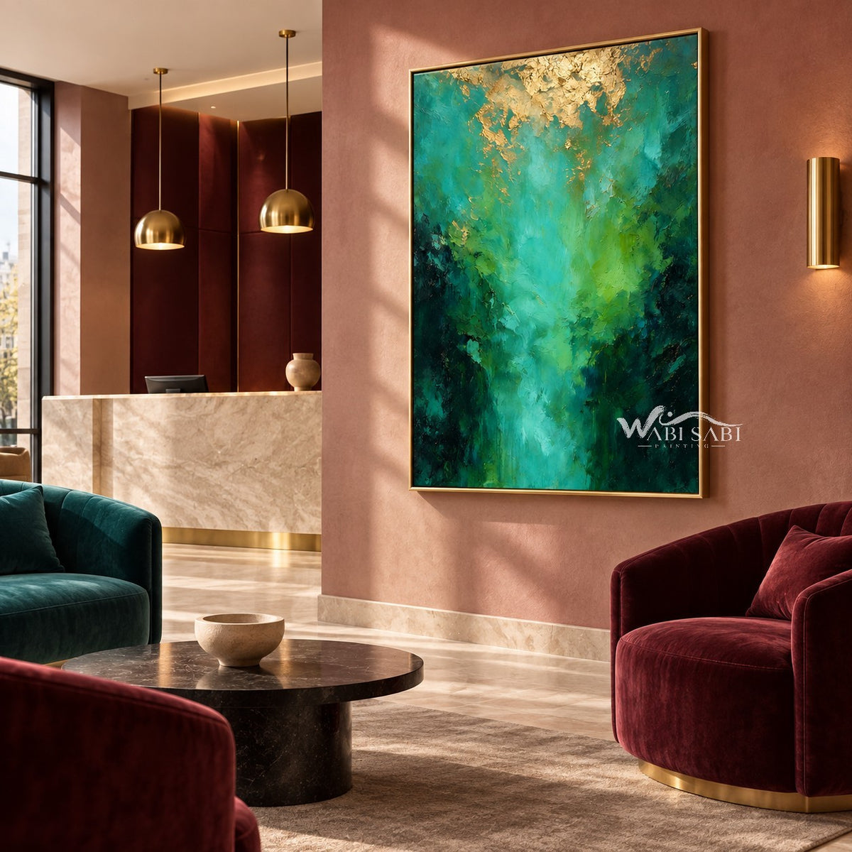 Teal Abstract Wall Art with Gold Color Accents shown beside burgundy seating.