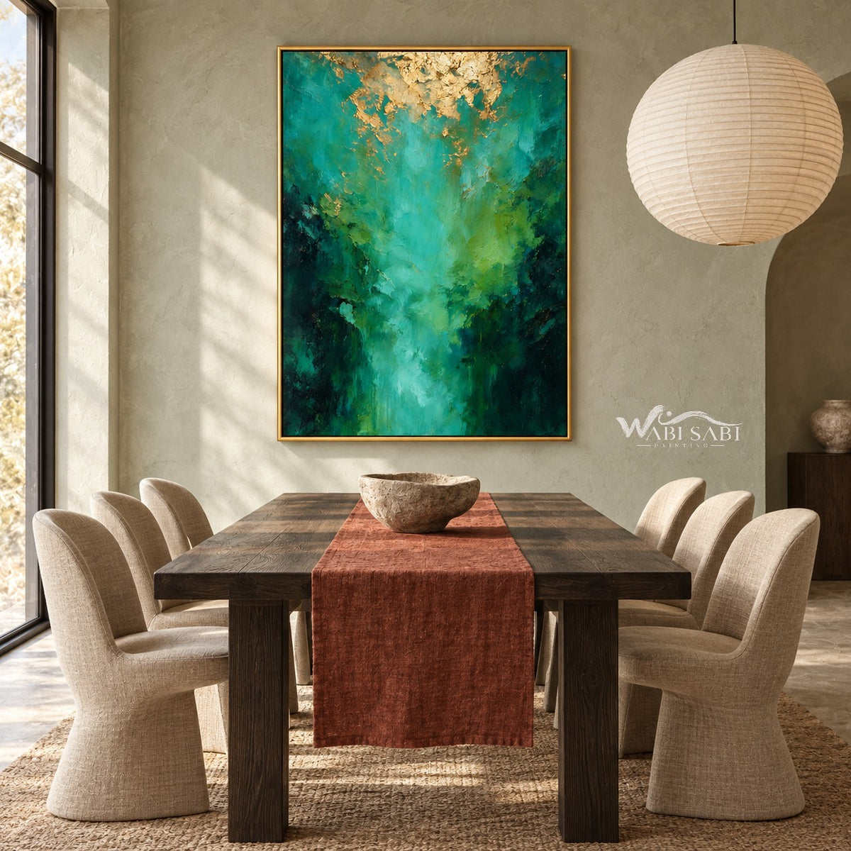 Teal Abstract Wall Art with Gold Color Accents shown behind a dining table.