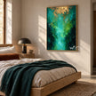 Teal Abstract Wall Art with Gold Color Accents shown above a bed with a green throw.