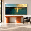 Teal Horizon with Gold Tone Reflections Painting shown above a console.