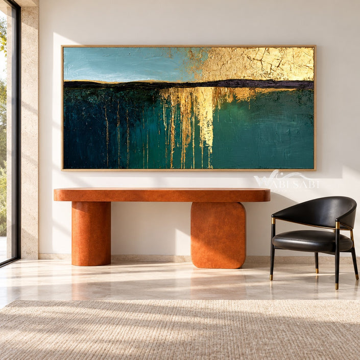 Teal Horizon with Gold Tone Reflections Painting shown above a console.
