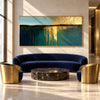 Teal Horizon with Gold Tone Reflections Painting shown in a living room with a sofa.