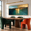 Teal Horizon with Gold Tone Reflections Painting shown in a dining area.