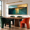 Teal Horizon with Gold Tone Reflections Painting shown in a dining area.