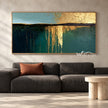Teal Horizon with Gold Tone Reflections Painting shown in a living room with a sofa.