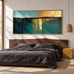 Teal Horizon with Gold Tone Reflections Painting shown in a bedroom.