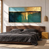 Teal Horizon with Gold Tone Reflections Painting shown in a bedroom.