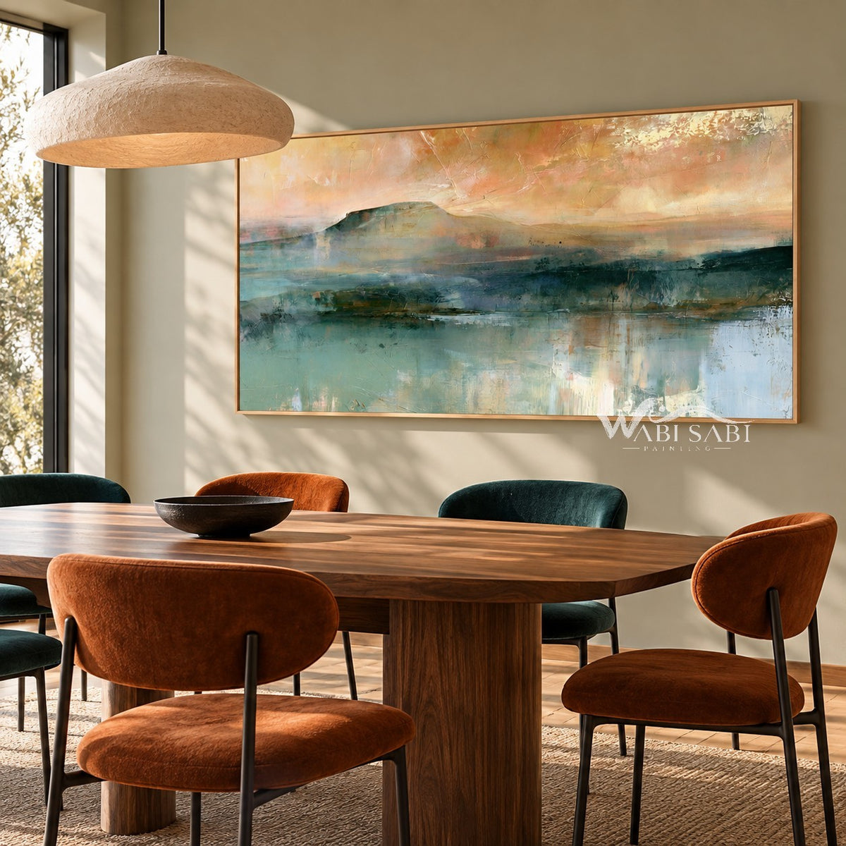 Teal Mountain Lake beneath a Peach Sky shown above a dining table.