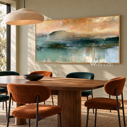 Teal Mountain Lake beneath a Peach Sky shown above a dining table.