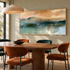 Teal Mountain Lake beneath a Peach Sky shown above a dining table.
